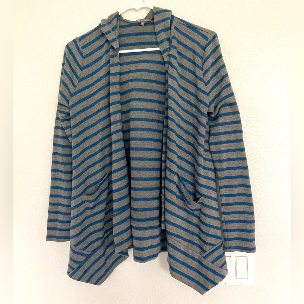 Retro-ology Hooded Cardigan with Pockets Grey and Blue Stripes Women’s S